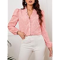 Womens Summer Tops Heart & Polka Dot Frill Trim Top (Color : Baby Pink, Size : Large)