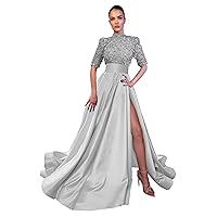A Line Mock Neck Half Sleeve Sequin Prom Dresses for Women Long Christmas Gala Dress Formal Evening Gowns with Slit