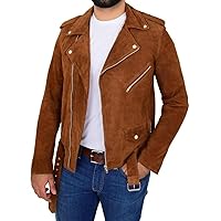 Mens Brown Goatskin Soft Suede Leather Biker Jacket Belted Motorcycle Racer Coat