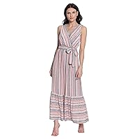 Donna Morgan Women's Striped Sleeveless V-Neck Maxi Dress with Waist Tie and Hem Tier