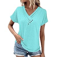 Henley Tops for Women,Womens Tops Summer Button Solid Color Ruched Short Sleeve Loose Shirts Basic Dressy Blouse Ladies 2024 Outfits Going Out Tops for Women