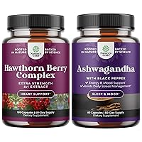 Bundle of Extra Strength Hawthorn Berry Capsules - Heart Health Supplement and Ashwagandha Root Powder Natural Supplement Capsules for Sleep Relaxation Improve Mood Increase Immune System