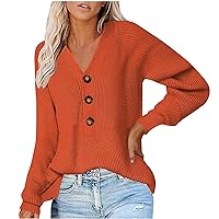 Women Long Sleeve V Neck Button Henley Sweater Solid Color Ribbed Knit Sweaters Pullover Casual Relaxed Fit Jumper