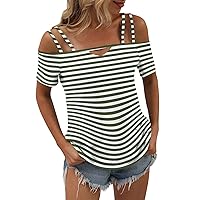 Tops for Women Trendy, Casual Summer Solid Vacation Dressy T-Shirts Patchwork Off Shoulder Neck Sexy Tunic Slip Tops