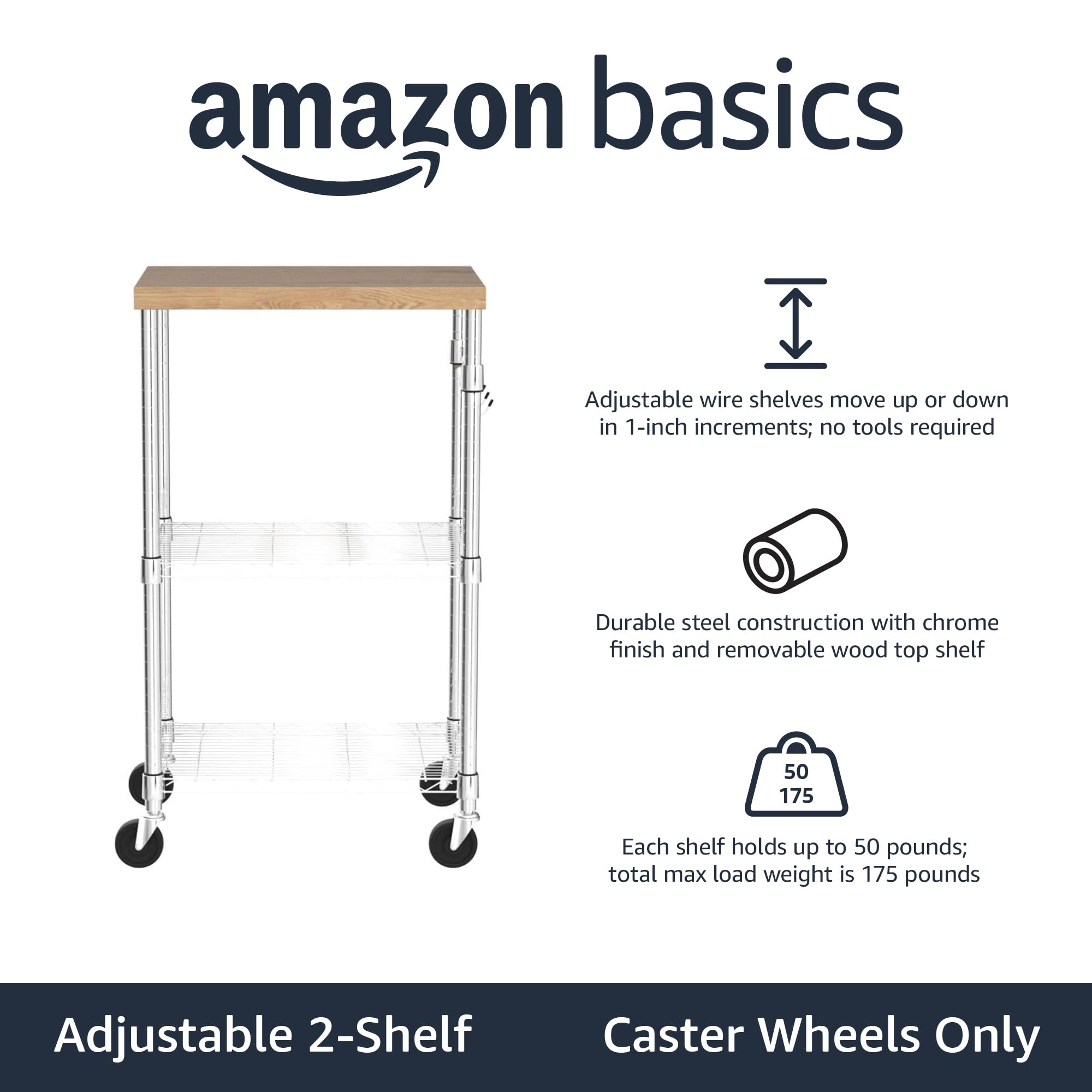Amazon Basics Kitchen Storage Microwave Rack Cart on Caster Wheels with Adjustable Shelves, 175 Pound Capacity, 15 x 21 x 36.7 inches, Wood/Chrome
