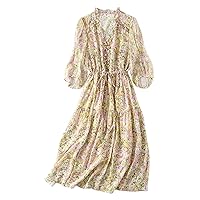 Women Dress Silk Floral Printed V Neck Ruffles Half Sleeve Drawstring Waist Midi Yellow Skirt 2804