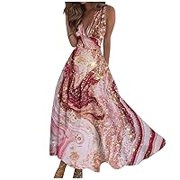 Womens Spring Maxi Dress 2024 Sleeveless Deep V Neck Floral Printed High Waist Maxi Flowy Beach Dress