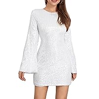 Women Long Sleeve Sequin Mini Dress Crew Neck Zipper Bodycon Short Dress Sexy Solid Slim Fitted Glitter Party Dress (A Silver, L)