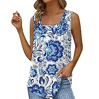 Women Tank Tops Summer 2023 Tunic Top Sleeveless Square Neck Pleated Print Shirt Lady Loose Flowy Basic Tee Blouses