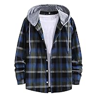 Men's Cotton Plaid Shirts Jacket Fleece Lined Flannel Shirts Mens Plaid Shirt Trend Hip Hop Hooded Cardigan Long Sleeve Top
