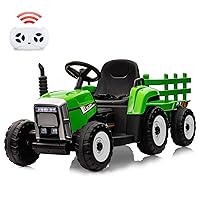 12V Battery Powered Electric Tractor with Trailer, Toddler Ride On Car w/Remote Control/7-LED Headlights/2+1 Gear Shift/MP3 Player/USB Port for Kids 3-6 Years (Green, 25W/Tread Tire)