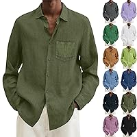 Men's Plus Size Linen Shirts Long Sleeve Button Down Shirt with Pocket Relaxed Fit Solid Color Lapel Collar Beach Shirt