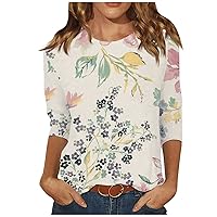 Tops for Women, Women's Fashion Casual Three-Quarter Sleeve Floral Print Round Neck Top