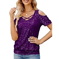 Women's Sparkle Sequin Tops Shimmer Glitter Loose Cold Shoulder Party Tunic Batwing Dolman Dressy Tops