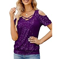 JASAMBAC Women's Sparkle Sequin Tops Shimmer Glitter Loose Cold Shoulder Party Tunic Batwing Dolman Dressy Tops