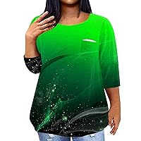 Tops for Women Plus Size Oversized Tshirts for Women Gradient Color Novelty Casual Fashion Loose with 3/4 Sleeve Round Neck Blouses Green 4X-Large
