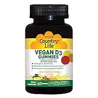 Country Life Vegan D3 Gummies, 1,000 IU, Promotes Immune Health, Great Taste, Lemon, Strawberry & Orange Flavor, 60 Gummies, Certified Gluten Free, Certified Vegan