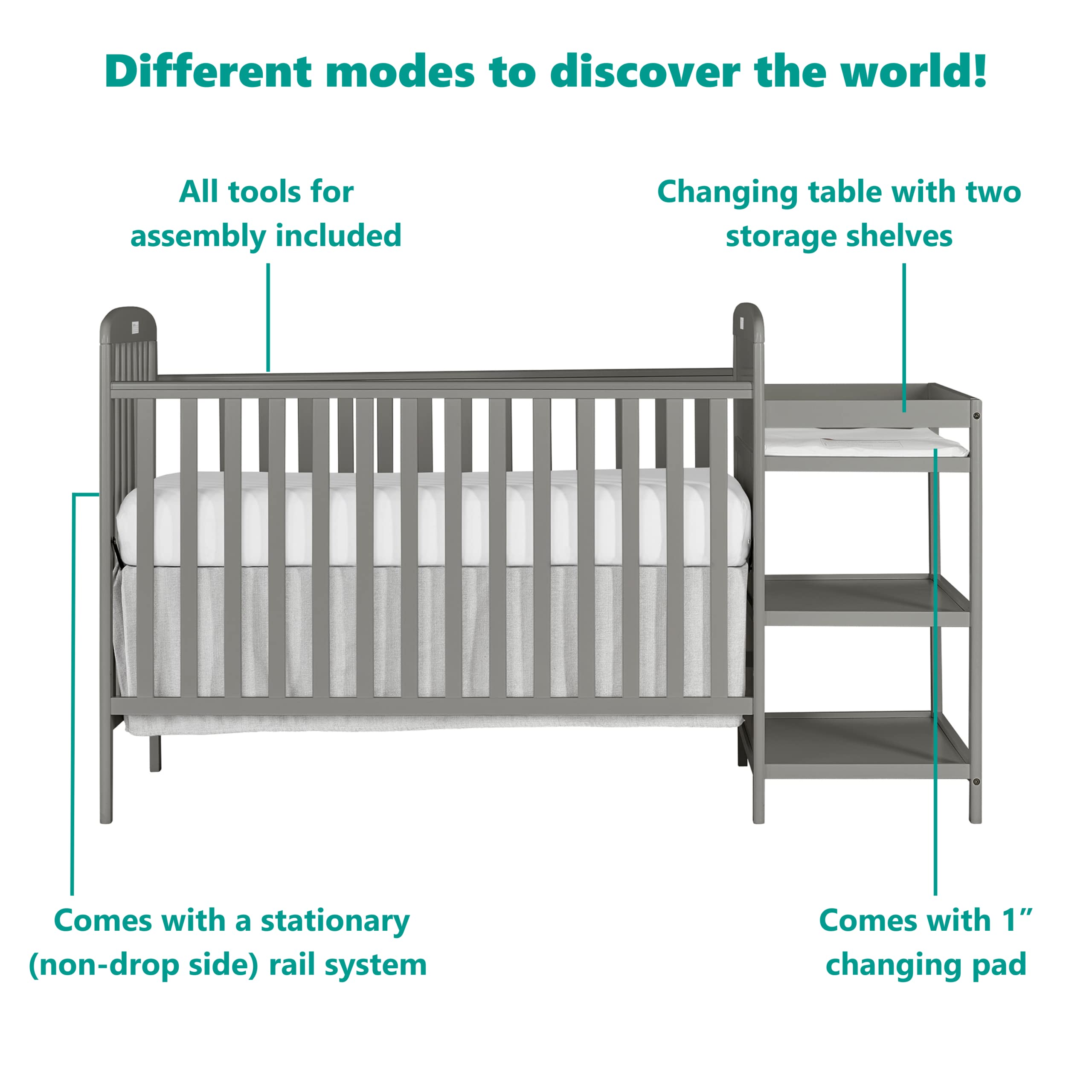 Dream On Me Anna 3-in-1 Full-Size Crib and Changing Table Combo in Steel Grey, Greenguard Gold Certified, Non-Toxic Finishes, Includes 1