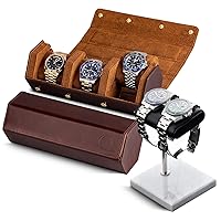 Genuine Leather Watch (Brown/Brown) and Watch Stand (White/Silver/Black)