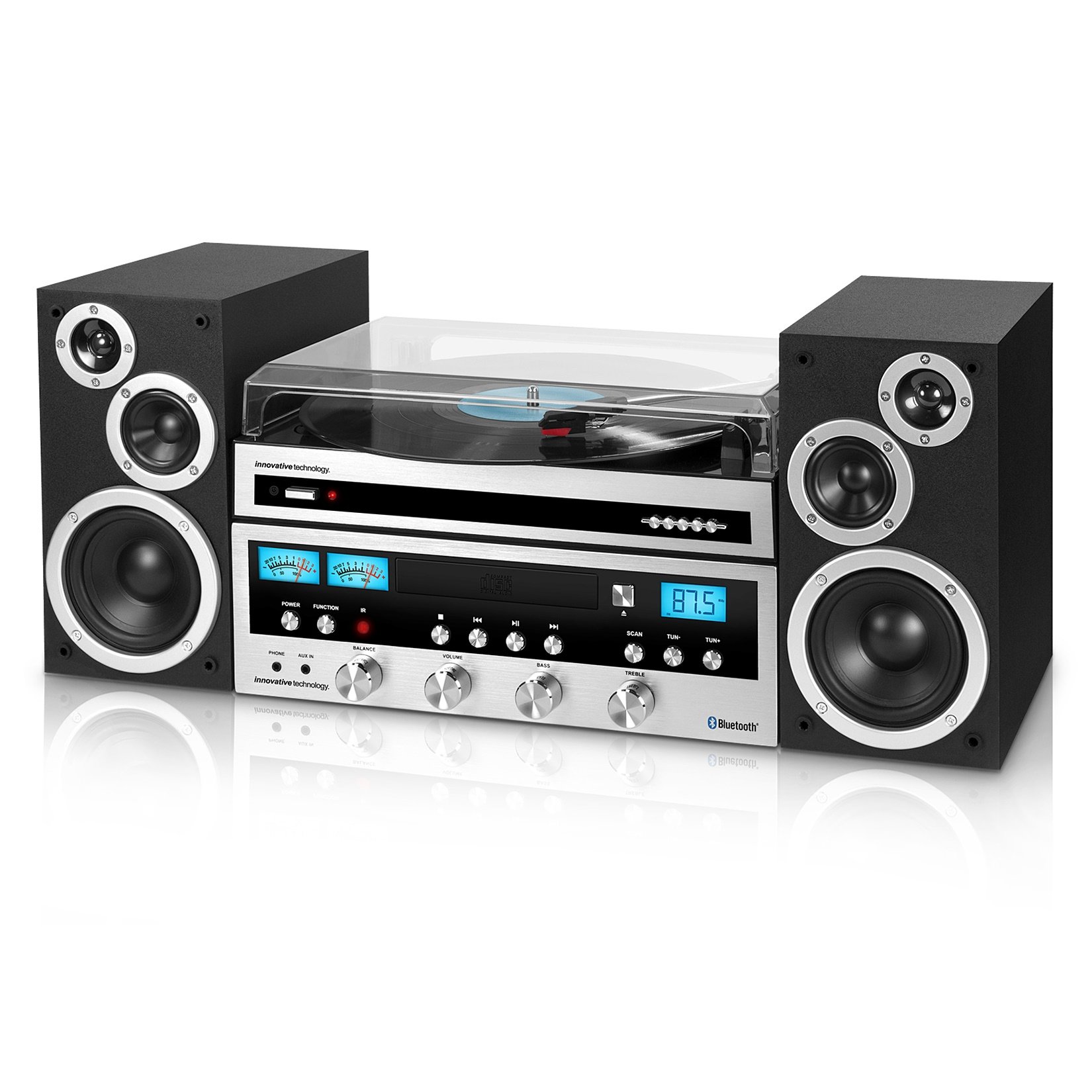 Innovative Technology Classic Retro Bluetooth Stereo System with CD Player, FM Radio, Aux-In, Headphone Jack, and Turntable, Silver and Black