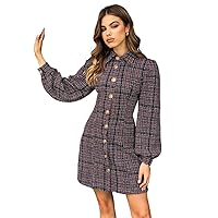 Women's Dresses Plaid Button Front Bishop Sleeve Tweed Dress Dress for Women
