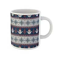 Coffee Mug Knitted Snowmen and Snowflakes Blue Red White Sweater 11 Oz Ceramic Tea Cup Mugs Best Gift Or Souvenir For Family Friends Coworkers