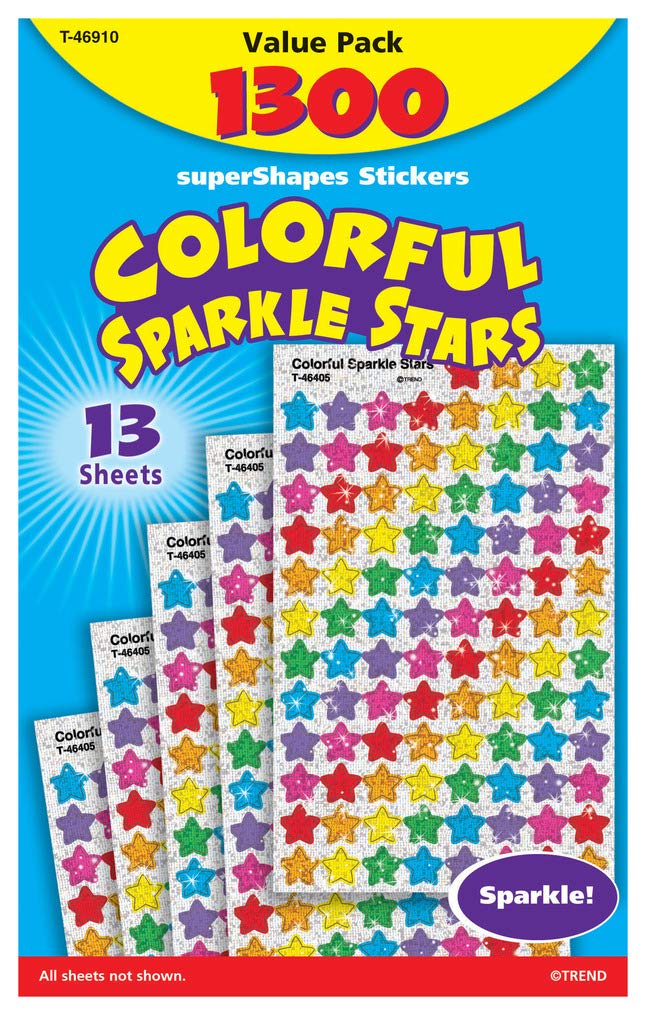 Trend Enterprises Sparkle Stars Stickers - 1/4 to 1/2 inches - Set of 1,300 - Red, Blue, Gold, Silver