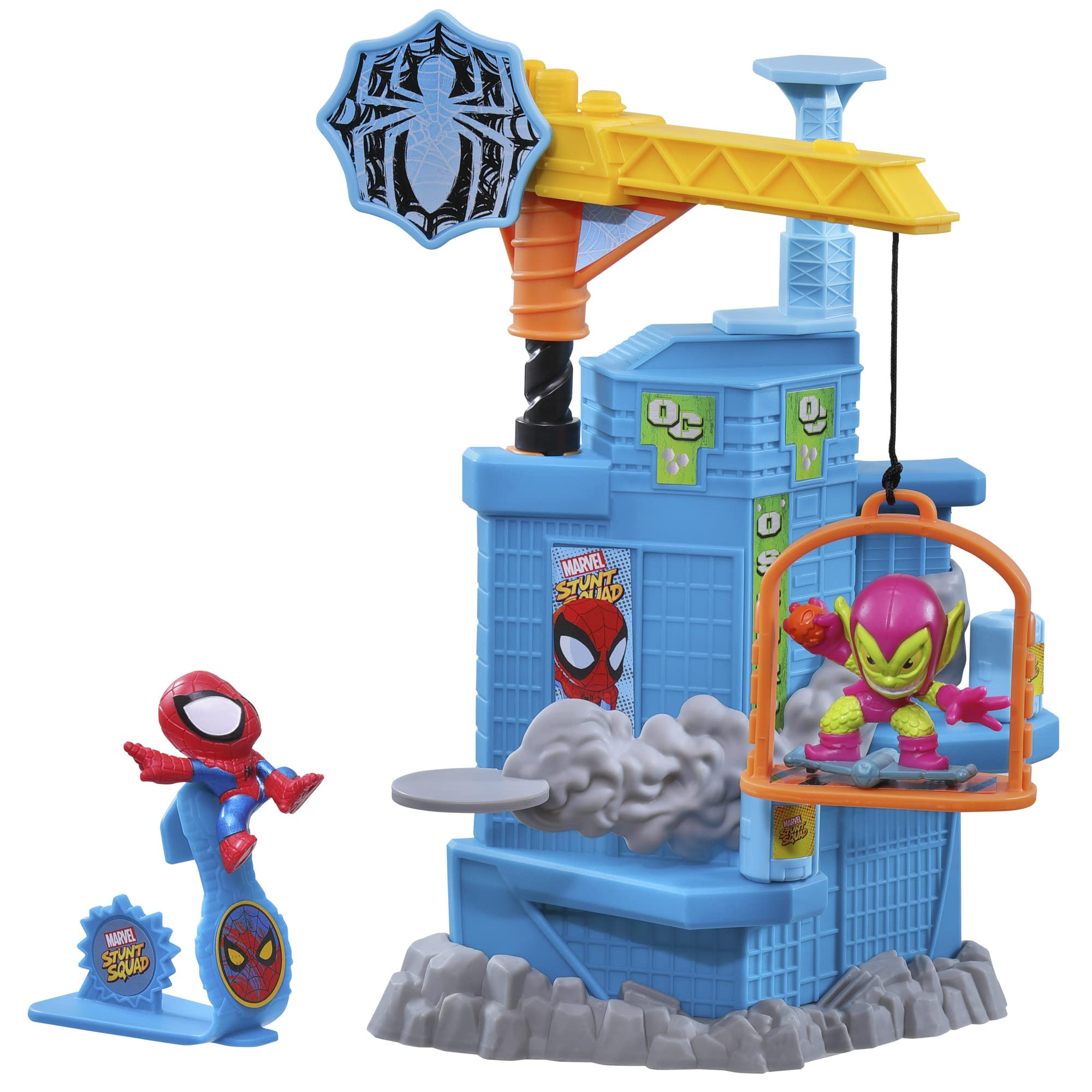 Marvel Stunt Squad Crane Smash Playset, Spider-Man vs. Green Goblin, 1.5-Inch Super Hero Action Figures, Toys for Kids Ages 4 and Up