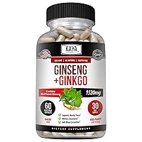 Kaya Naturals Red Panax Ginseng + Ginkgo Biloba | Nootropic Brain Supplement | Cognitive and Concentration Support | Brain Booster, Focus, and Memory Supplement | 60 Capsules