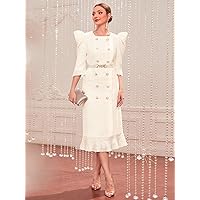 Womens Fall Fashion 2022 1pc Puff Sleeve Double Breasted Belted Ruffle Hem Dress (Color : Beige, Size : X-Large)