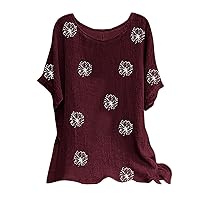 Cotton Linen Tshirts for Women,Short Sleeve Round Neck Casual Loose Tunic Tops T Shirt Blouse Cotton Linen Tops Summer Cozy Froal Printed Pullover Tunic T-Shirts for Women