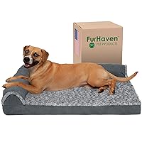 Furhaven Cooling Gel Dog Bed for Large/Medium Dogs w/ Removable Bolsters & Washable Cover, For Dogs Up to 55 lbs - Two-Tone Plush Faux Fur & Suede L Shaped Chaise - Stone Gray, Large