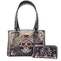 Western Womens Sugar Skull Rhinestone Flora Embroidery Concealed Carry Handbag/Wallet in Multi-Color