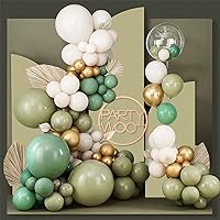 PartyWoo 140 pcs Olive Green Balloon Arch Kit, Sage Green Balloon Garland Kit with Cream White Metallic Gold Retro Green Clear Balloons and Arch Kit for Birthday, Baby Shower, Wedding