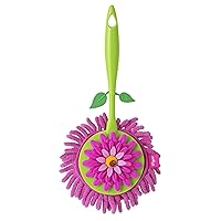 Addis Vigar Flower Power Microfiber Duster with Comfortable Non-Slip Handle, Detachable Washable Duster Head, Green and Pink
