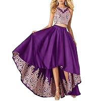 Women's Hi-Low Formal Dresses Satin Lace A-Line Two Piece Prom Dresses with Pockets Purple