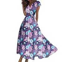 Sundresses for Women 2024 Spring Summer Wrap V Neck Sleeveless Maxi Dress,Trendy Floral Print Flowy Beach Dress
