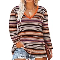 RITERA Plus Size Tops for Women Long Sleeve Casual Shirts V Neck Orange Stripe Buttons Side Tees 5XL