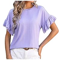 Womens Summer Tops Crewneck Ruffle Short Sleeve Solid Loose Fit Casual Blouses Shirts Ladies Trendy Dressy Tunic Top