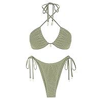 ZAFUL Women's Bikini Set Fishnet Triangle Tie Convertible Collar Halter Bandeau Shell Two Piece Bathing Suit