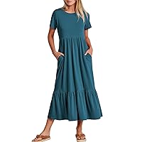 ANRABESS Women Summer Casual Short Sleeve Crewneck Aline Swing Flowy Tiered Shirt Maxi Beach Long Dress 2024 Trendy Outfits