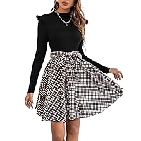 Women's Dress Gingham Print Ruffle Trim Belted Dress (Color : Black, Size : Small)