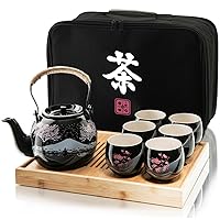 Traditional Japanese Tea Set - Ceramic Tea Set with Teapot, 6 Tea Cups, 1 Bamboo Tea Tray & Storage Gift Bag for Travel, Home or Outdoor, Tea Sets for Adults with Teapot and Tray, Men or Women | 茶具