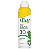 Alba Botanica Sheer Mineral Sunscreen Spray, SPF 30, Fragrance-Free Broad Spectrum, Water Resistant and Biodegradable, 5 fl. Oz. Bottle