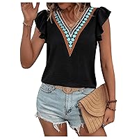 SOLY HUX Women's V Neck Ruffle Cap Sleeve Blouse Lace Loose Fit Casual Summer Shirt Tops