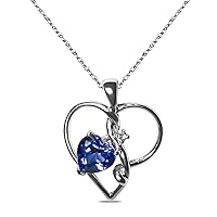 The Diamond Deal Lab-Created Blue Sapphire Gemstone September Birthstone Heart and Diamond Accent Pendant Necklace Charm in 925 Sterling Silver