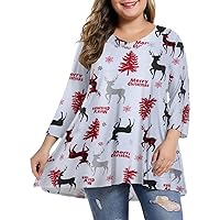 MONNURO Womens Plus Size 3/4 Sleeve V Neck Button Casual Loose Flowy Swing Tunic Tops Basic Tee Shirts for Leggings (Christmas05,4X)
