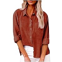 Womens Button Down Shirts Cotton Dress Shirts 2024 Long Sleeve Blouses V Neck Solid Casual Tunics Tops with Pockets