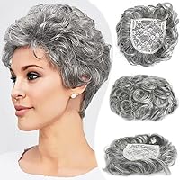 Breathable Short Curly Topper Hair Piece for Women with Thinning Hair Real Human Hair,Silver Gray Color Natural Layered Short Curly Human Hair Topper Clip in Hairpiece Wiglet