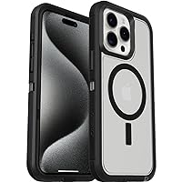 OtterBox iPhone 15 Pro MAX (Only) Defender Series XT Clear Case - DARK SIDE (Black/Clear), screenless, rugged , snaps to MagSafe, lanyard attachment (ships in polybag, ideal for business customers)